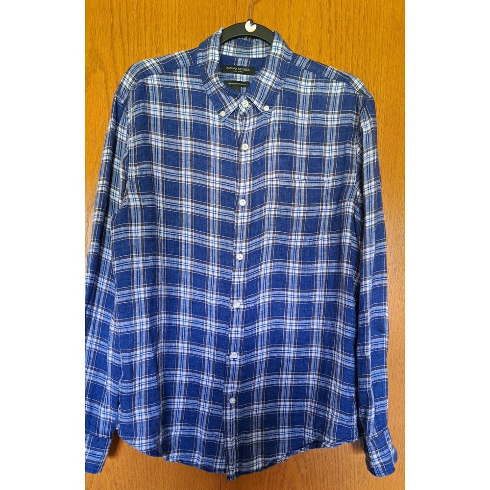 Banana Republic Men's Linen Blue Plaid Button-Up Long Sleeve Shirt M